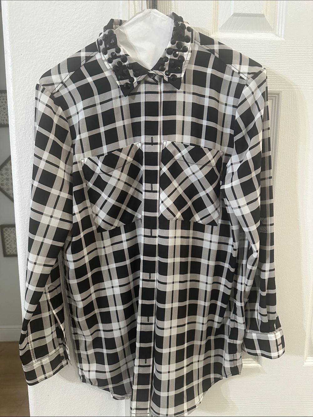 Michael Kors Black and White Plaid Button-Down Shirt with Studded Collar